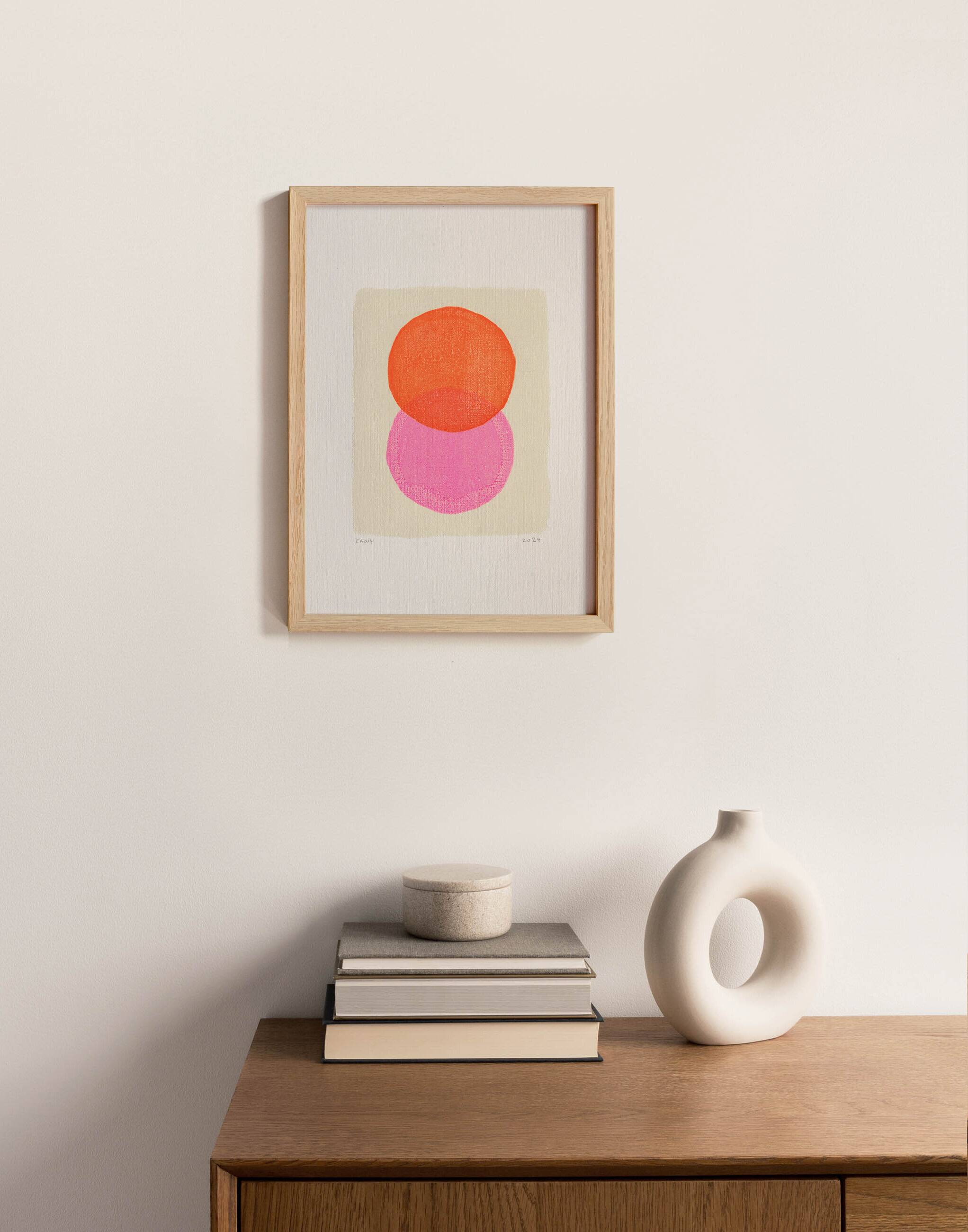 Abstract painting on paper - fluorescent pink and orange - signed eawy