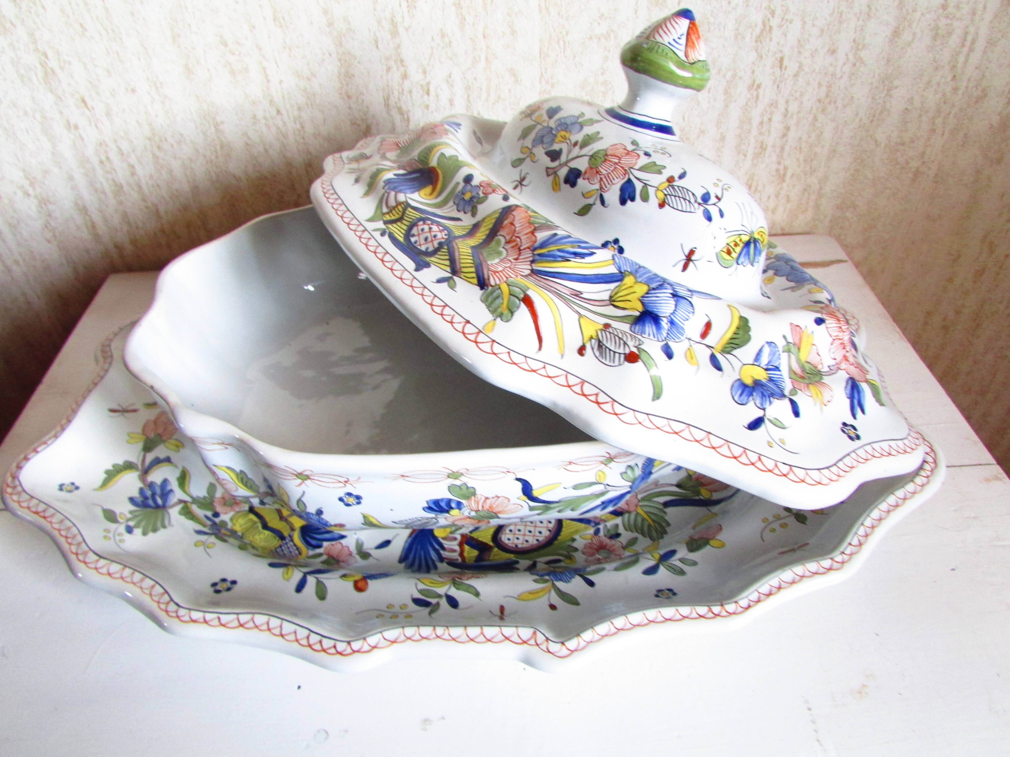 Compotier, soup tureen, vegetable dish in Rouen earthenware