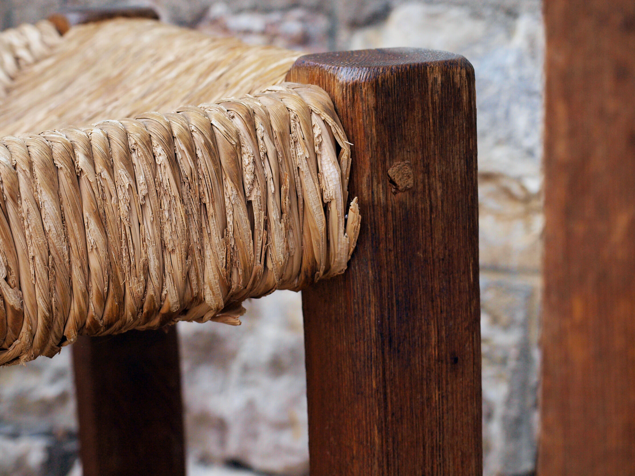 Brutalist chairs in pine and straw, France, 1950s, set of 4