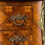 Pair of bedside tables Louis XV style marquetry with shamrocks and XXth bronze
