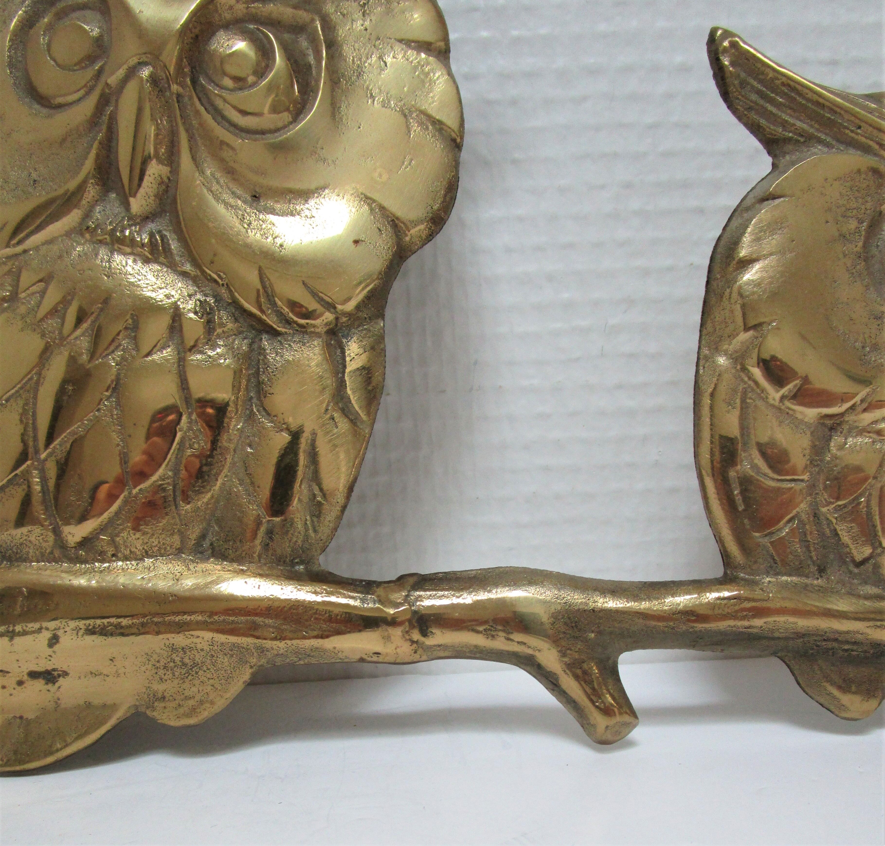 Three owls on a massive brass branch vintage wall decoration