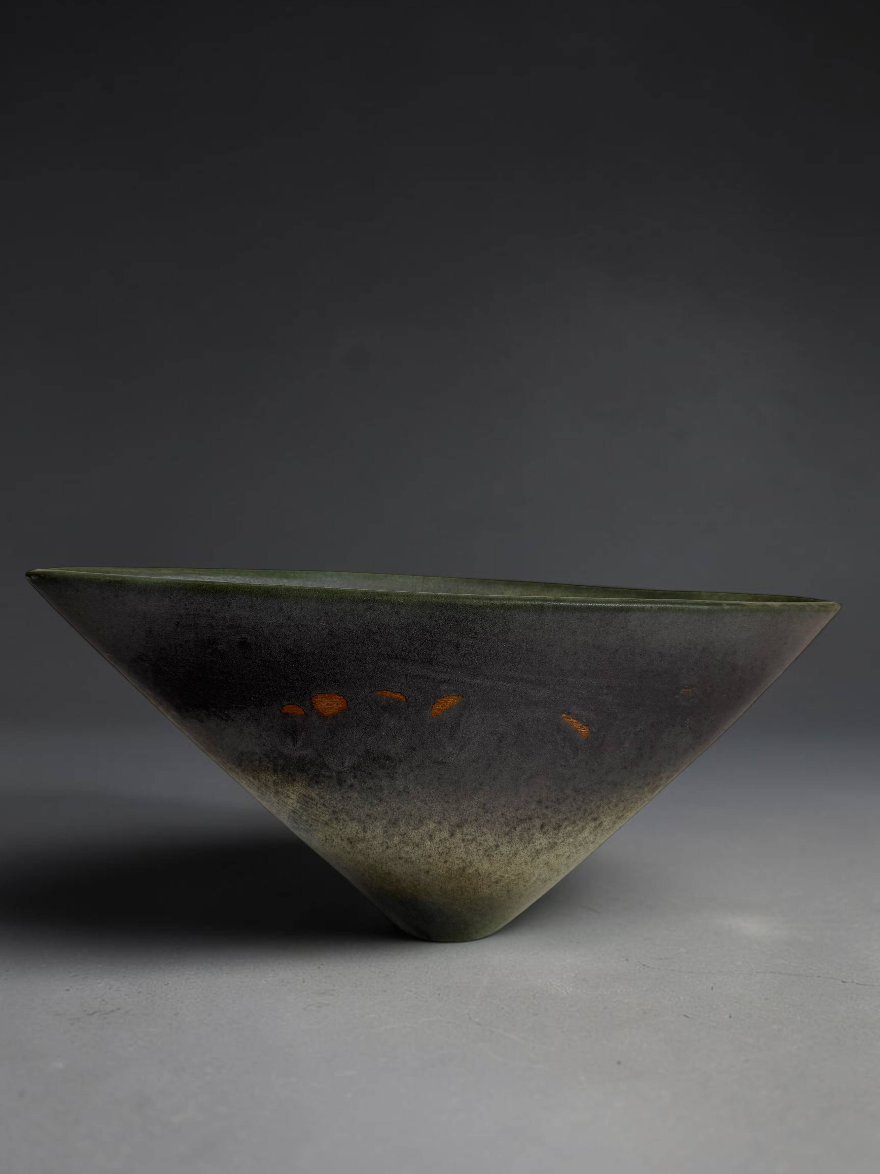 Antonio Lampecco shuttle vase, glazed grey-green ceramic, signed.