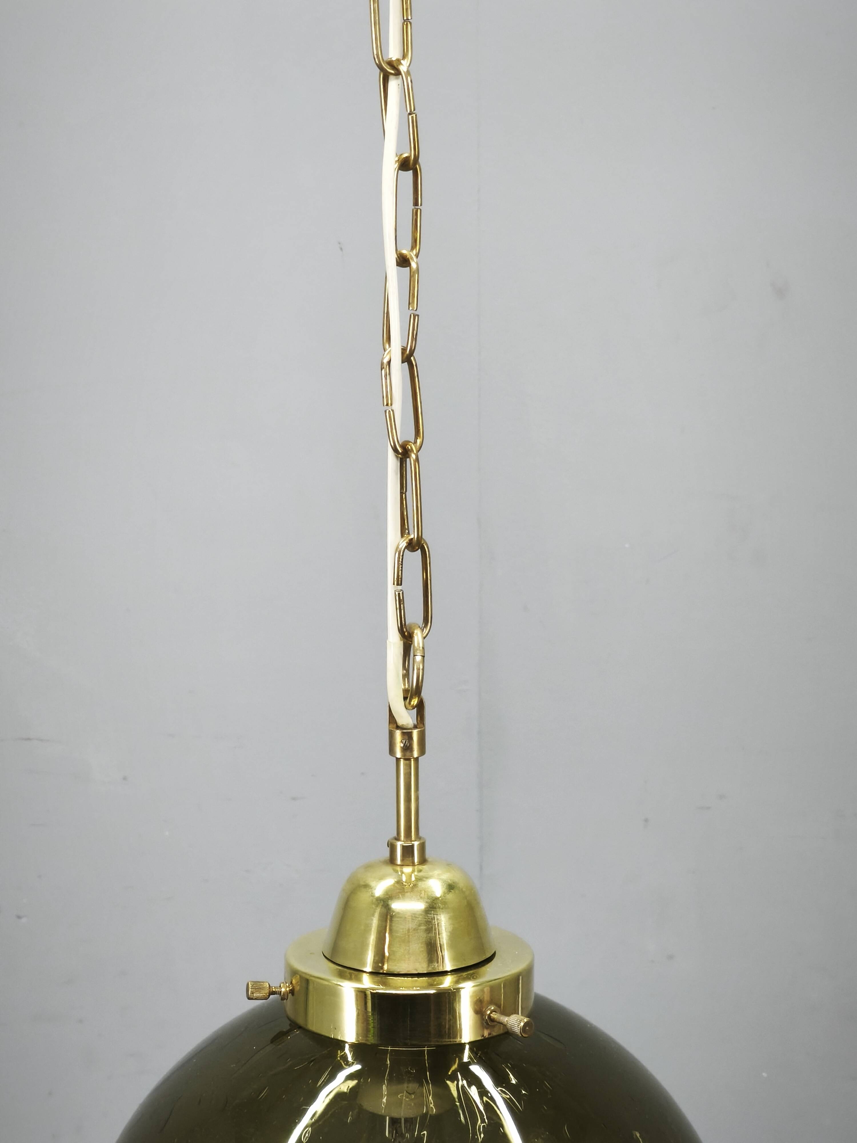 1970s Czech Smoked Glass Globe and Brass Pendant Light