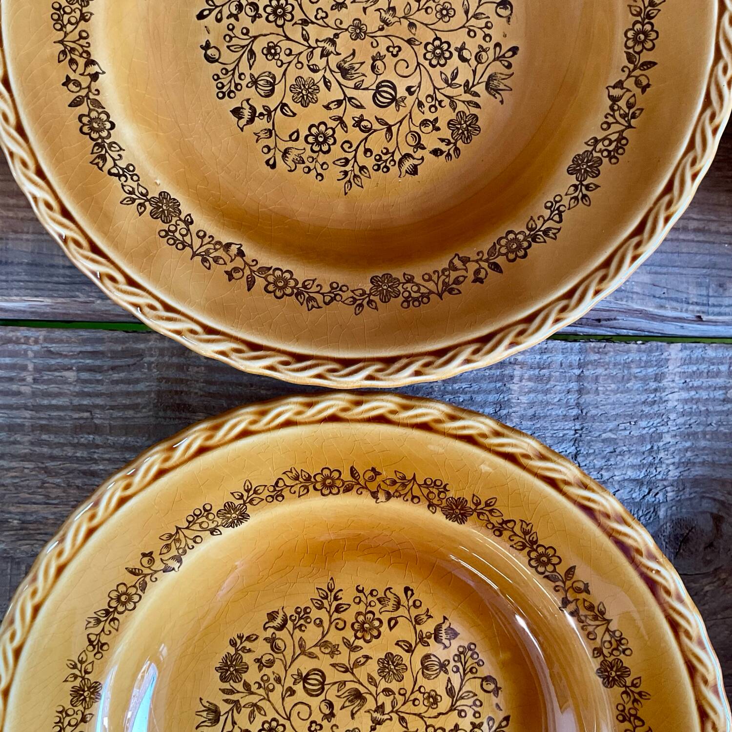 4 vintage amber ceramic soup plates
