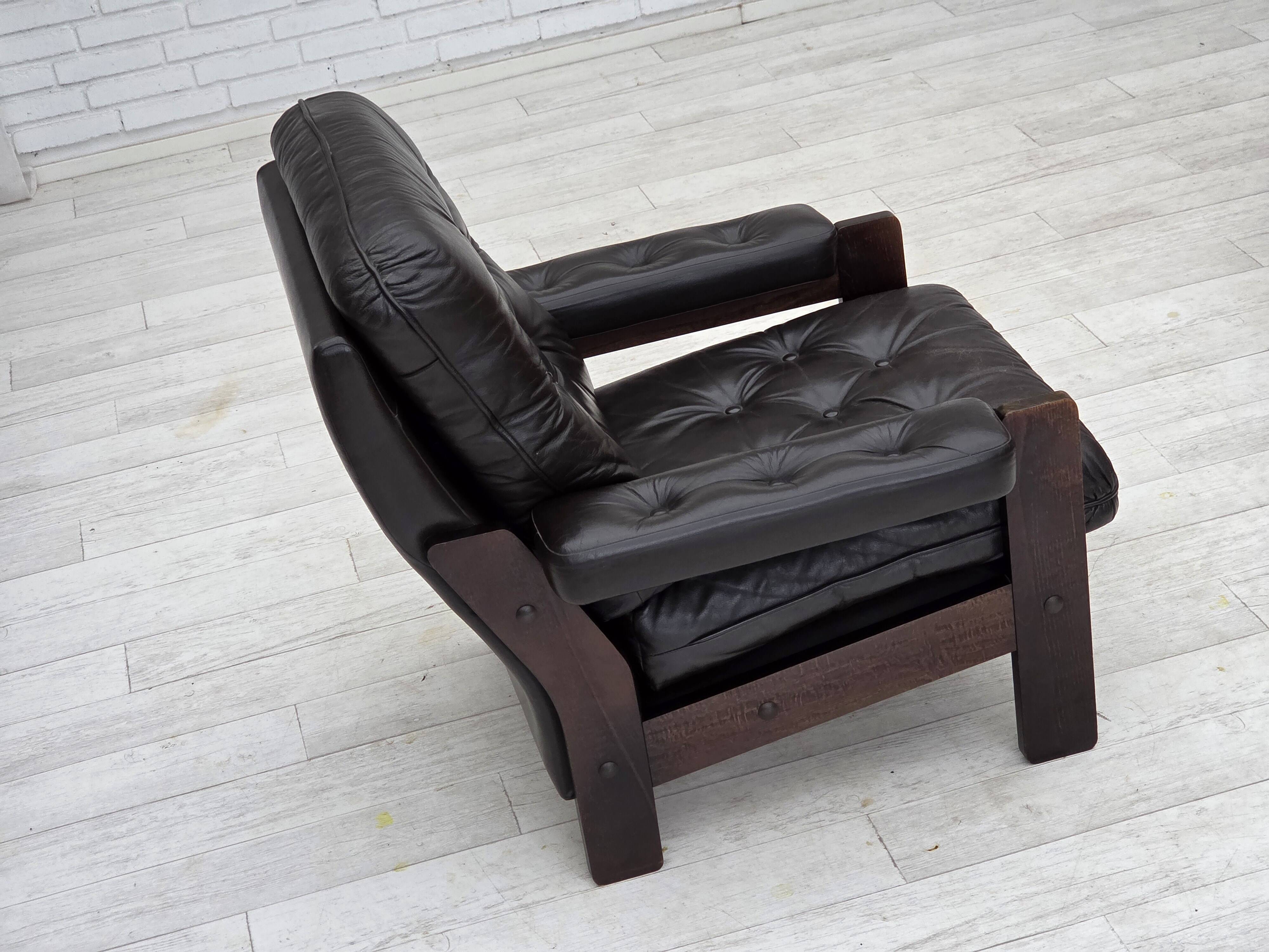 1970s, Danish armchair, brown furniture leather, oak wood.