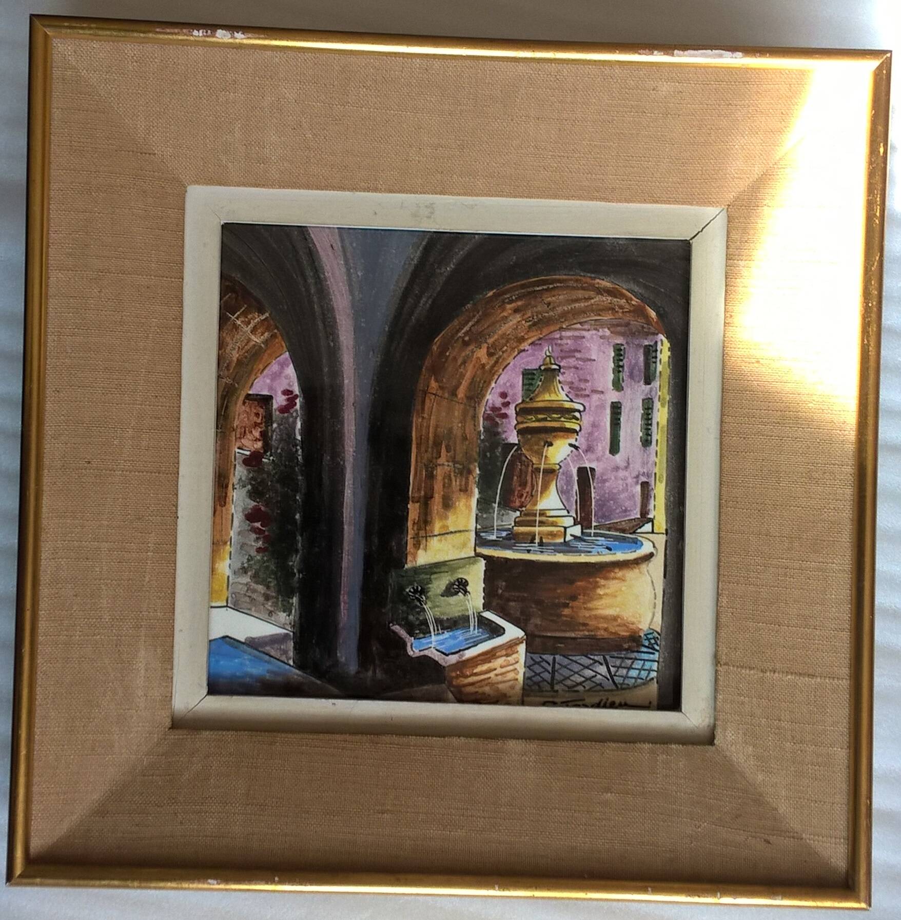 Painting frame painted on ceramic by g. tardieu city of biot fountain