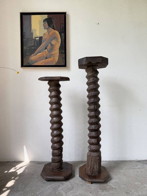 Paire de piédestal colonnes vis de pressage chêne 1900