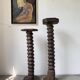 Pair of pedestal columns with oak pressing screws, 1900