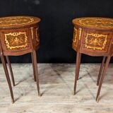 Pair of narrow Louis XV style bedside tables in marquetry