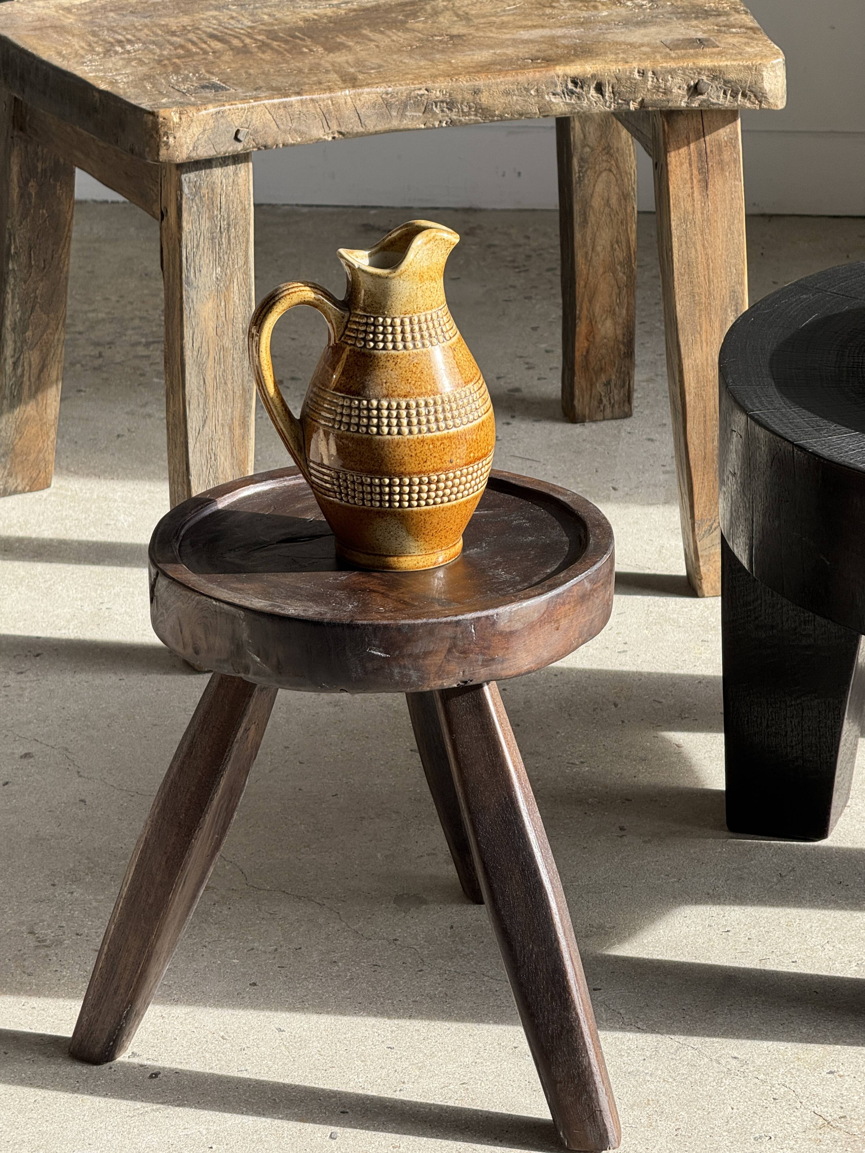 Vintage yellow stoneware carafe with beaded friezes Made in France H22