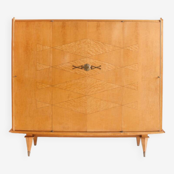 Vintage wardrobe. Blonde wood with marquetry work and brass handles. France, 1960s