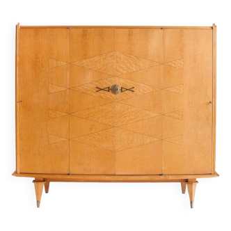 Vintage wardrobe. Blonde wood with marquetry work and brass handles. France, 1960s