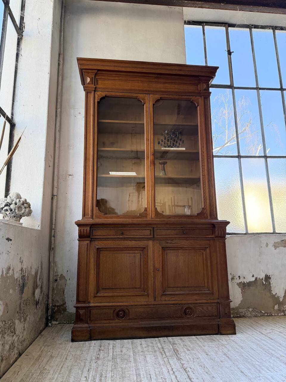 Antique XL Napoleonic oak glass bookcase, 19th century