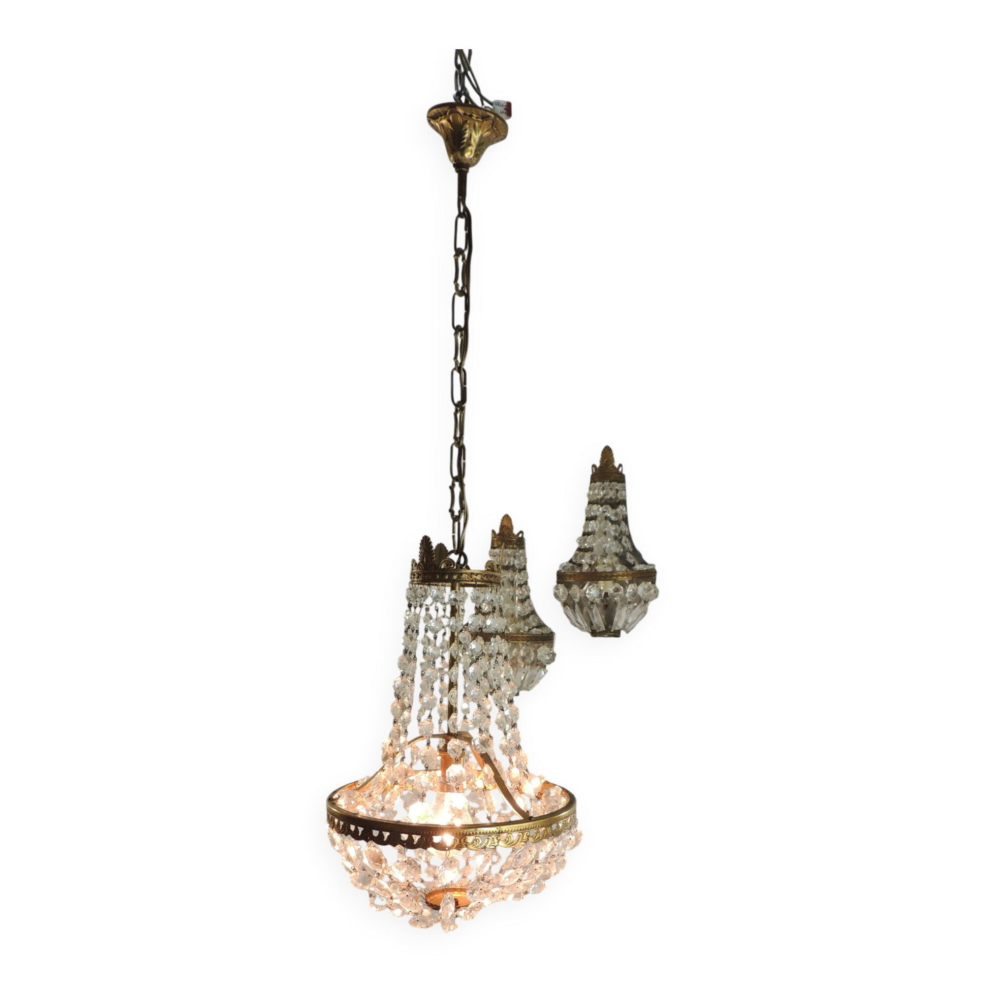 Antique crystal chandelier with 2 wall sconces – Vintage milk pendant