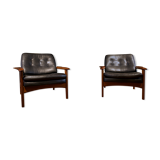Pair of scandinavian armchairs in black leather and teak