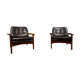 Pair of scandinavian armchairs in black leather and teak