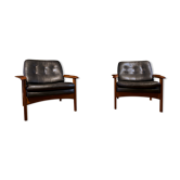 Pair of scandinavian armchairs in black leather and teak
