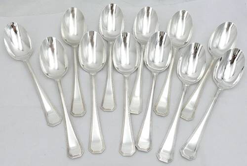 Set of 12 silver-plated metal table spoons Christofle Amérique, Art Deco, 20.5 cm.