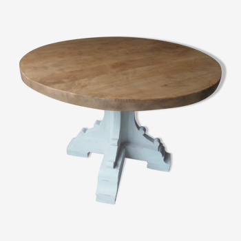 Table ronde vintage piétement patiné gris perle blanc poudré, plateau bois