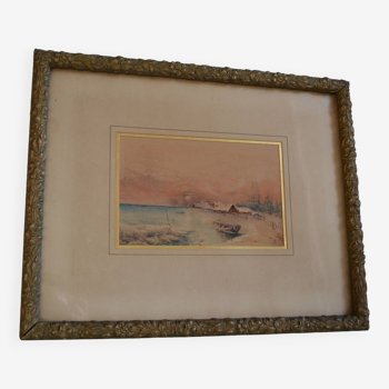 Old watercolor painting of seaside landscape signed H. Jeannolle 19th century
