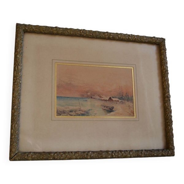 Peinture à l'aquarelle ancienne paysage de bord de mer signé H. Jeannolle XIXe s