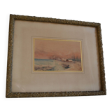 Peinture à l'aquarelle ancienne paysage de bord de mer signé H. Jeannolle XIXe s