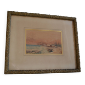 Old watercolor painting of seaside landscape signed H. Jeannolle 19th century