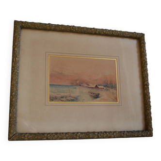 Peinture à l'aquarelle ancienne paysage de bord de mer signé H. Jeannolle XIXe s