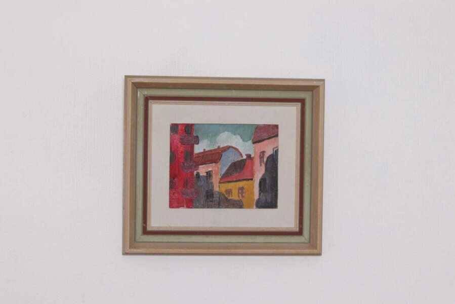 Original mid-century Swedish oil on panel – “House Facades” by A. Wistrand – dated 1946 – vintage & framed – 42 × 39 cm