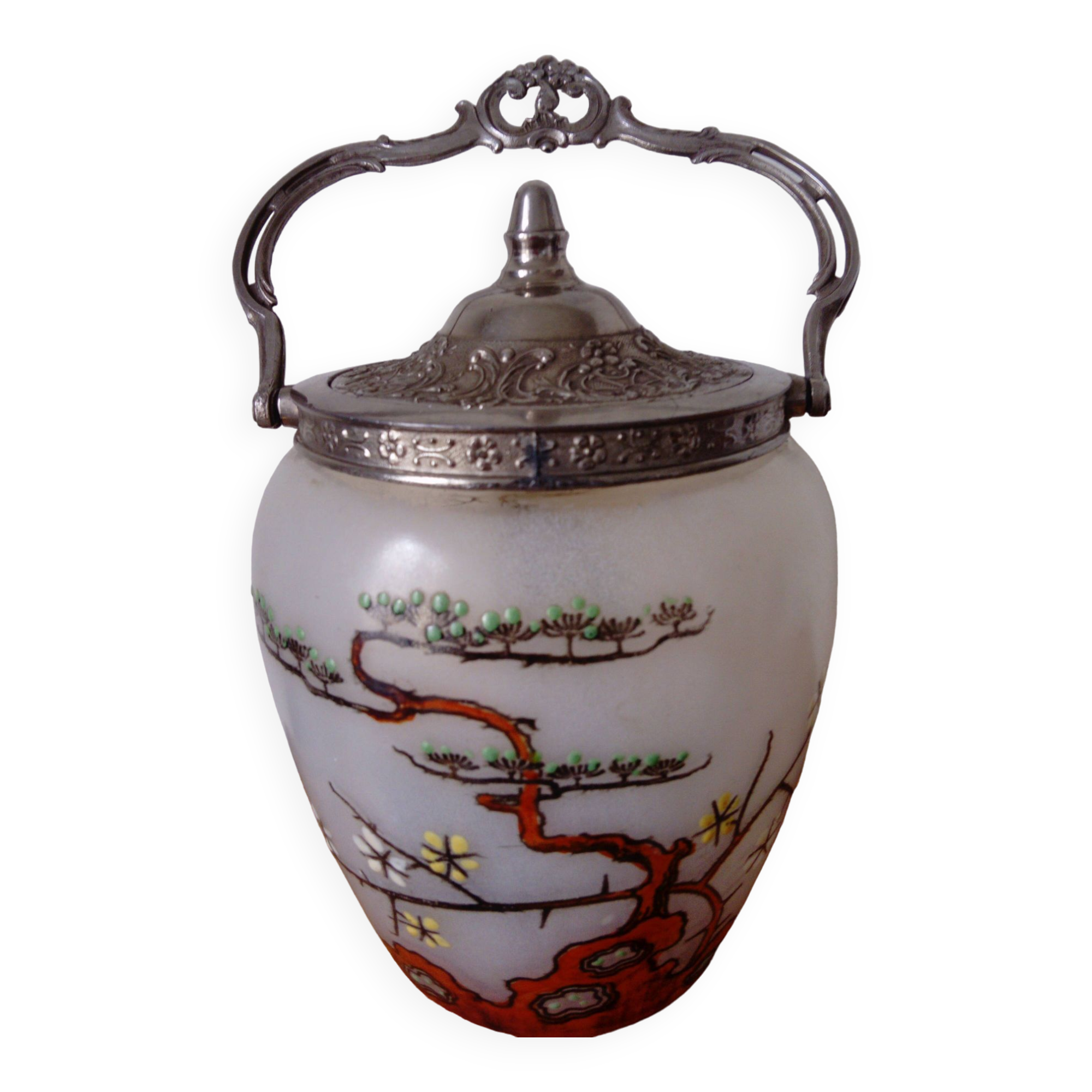 frosted glass cookie bucket with Japanese decoration. Art Nouveau