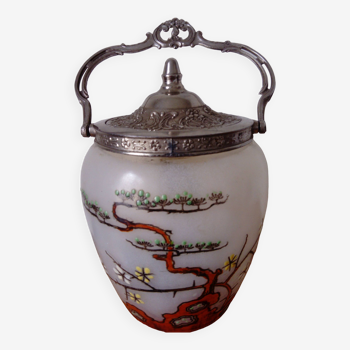 frosted glass cookie bucket with Japanese decoration. Art Nouveau