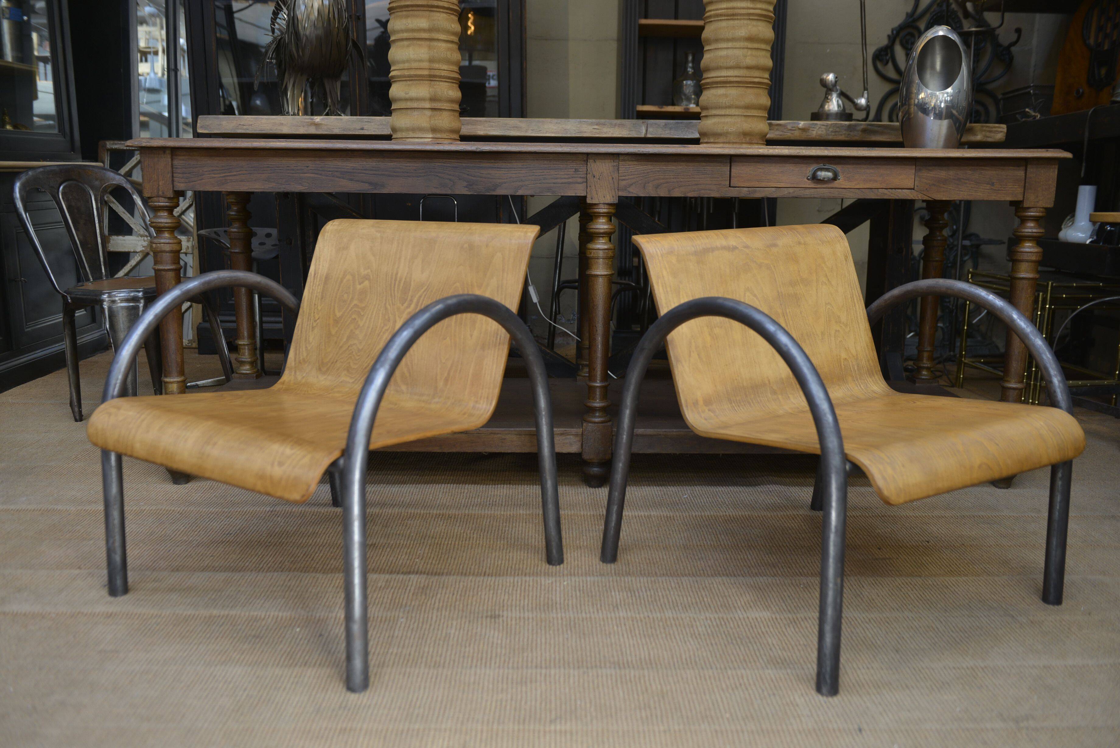 Pair of Vintage Design Armchairs in Metal and Wood, 1950s
