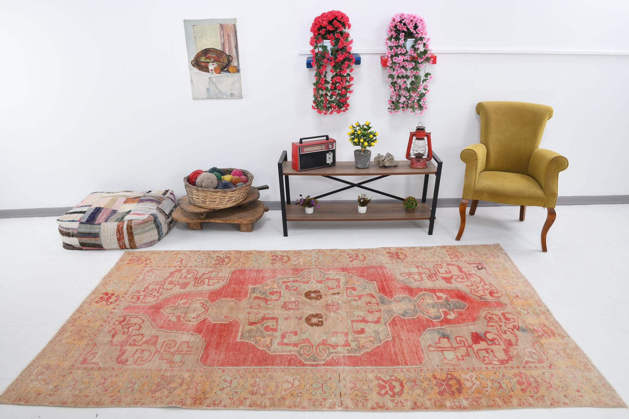 5x9 pale red & tan beige vintage rug 146x279cm