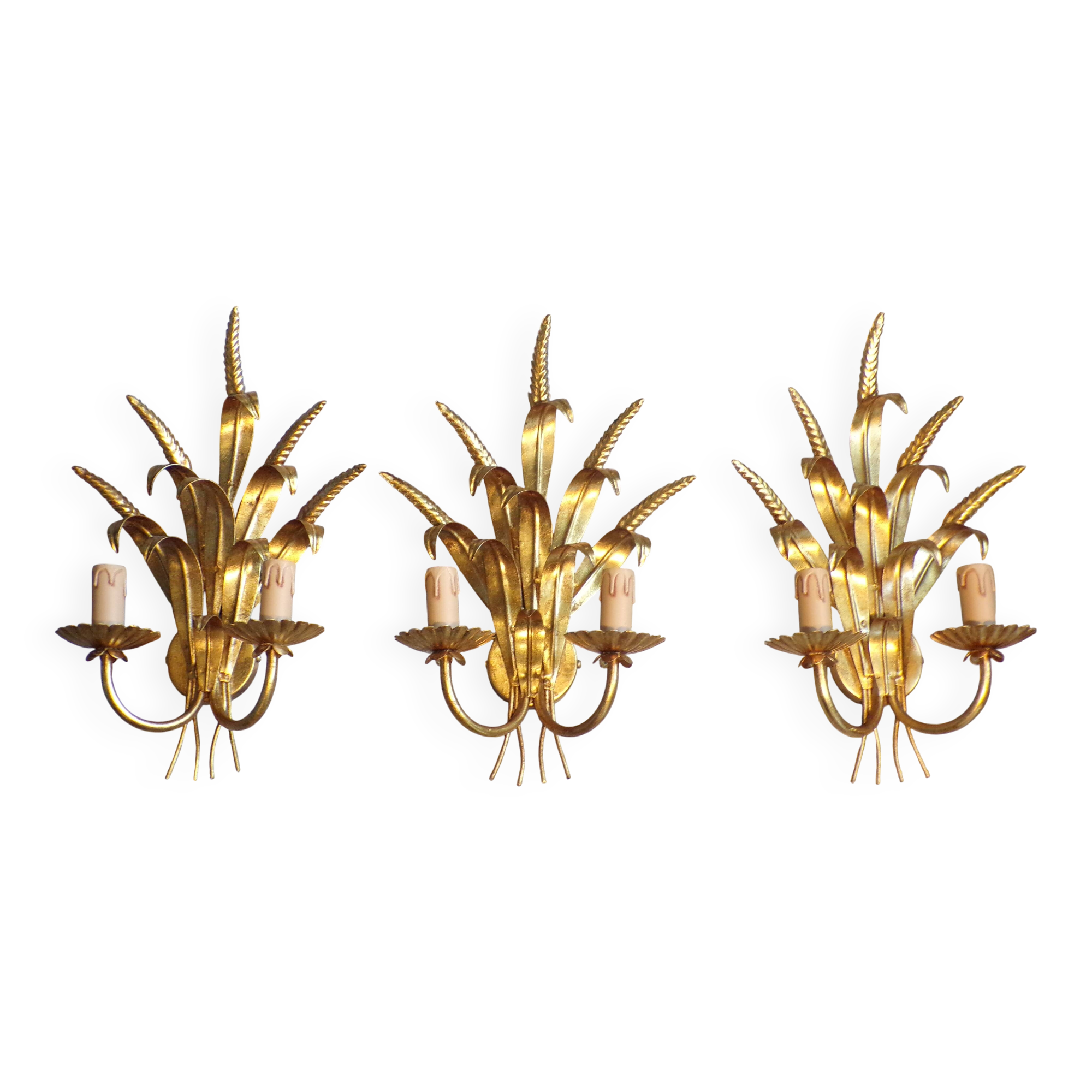 Trio d'appliques italiennes épi de blé en fer doeé