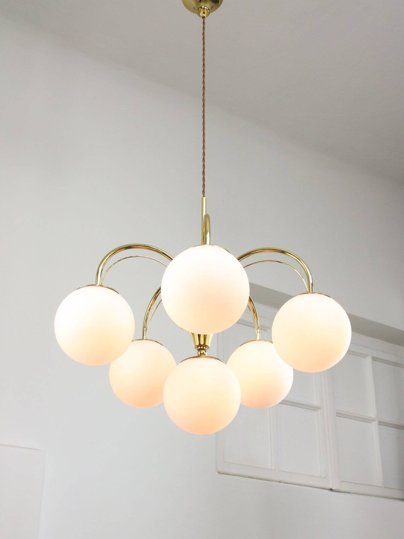 Vintage Golden & Opaline Glass 5-Arm Chandelier, 70s