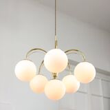 Vintage Golden & Opaline Glass 5-Arm Chandelier, 70s