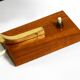 Beautiful small Mid Century Modern metal and brass table lamp with teak bas