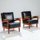 Pair of Belgian lounge chairs in solid oak with leather cushions