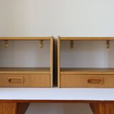 2 Scandinavian wall-mounted bedside tables with drawers, oak, 1960