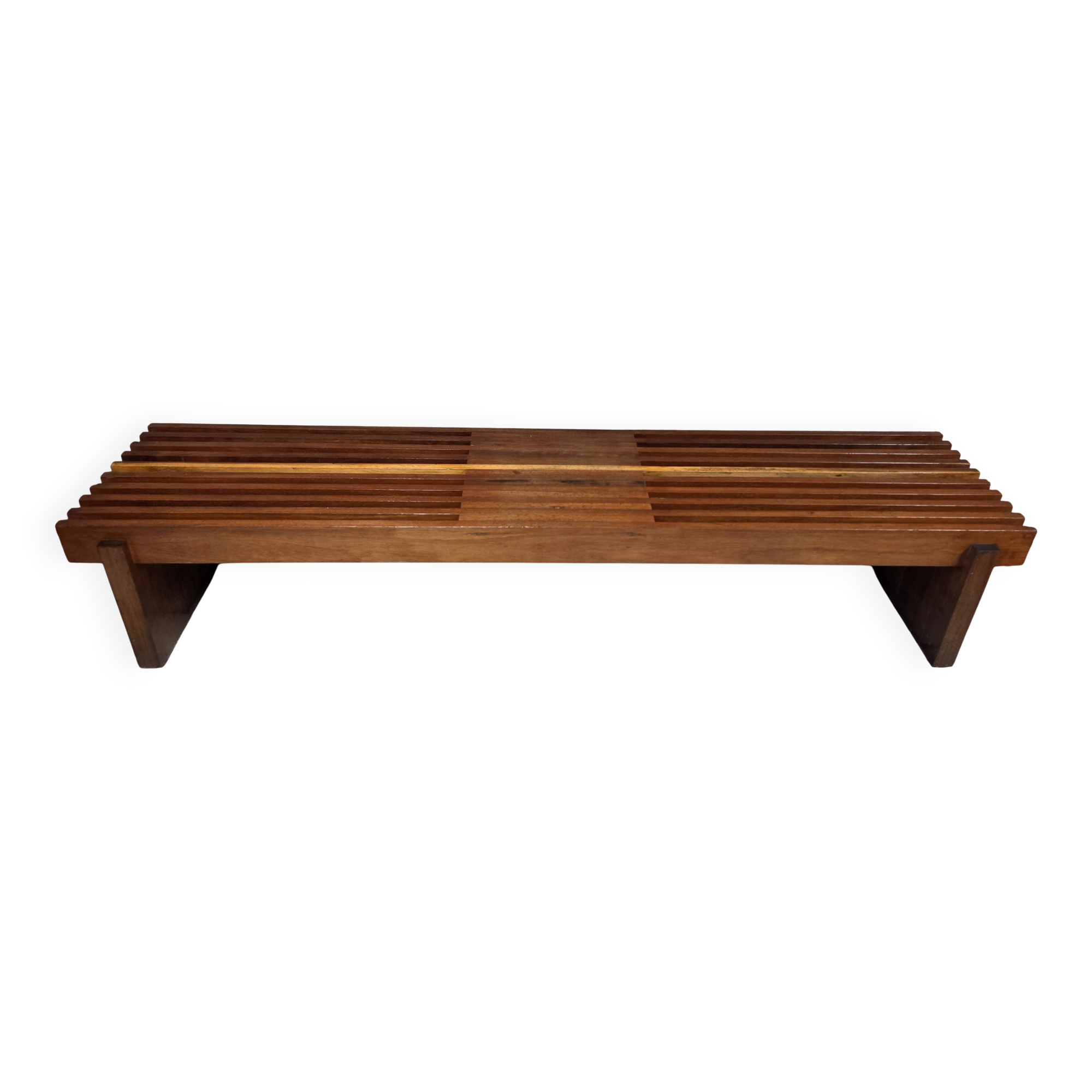 Vintage brutalist bench in solid teak with slats – 1970s