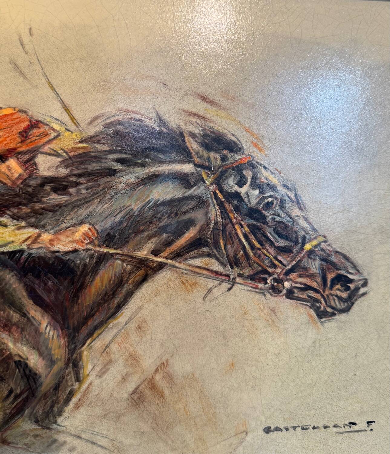 Old painting, horse scene, signed F Castellan, early 20th century