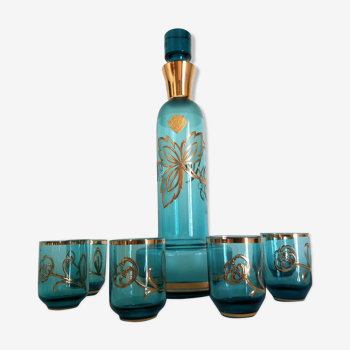 Service liqueur en cristal de bohème style art nouveau, motifs emmaillés (7 pièces)