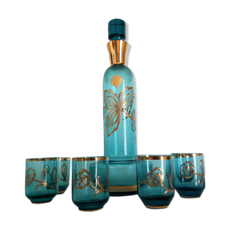 Service liqueur en cristal de bohème style art nouveau, motifs emmaillés (7 pièces)