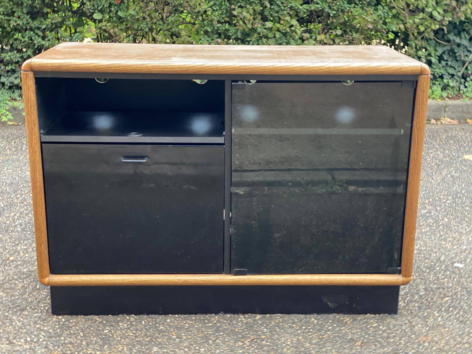 Vintage wood and black glass TV cabinet buffet