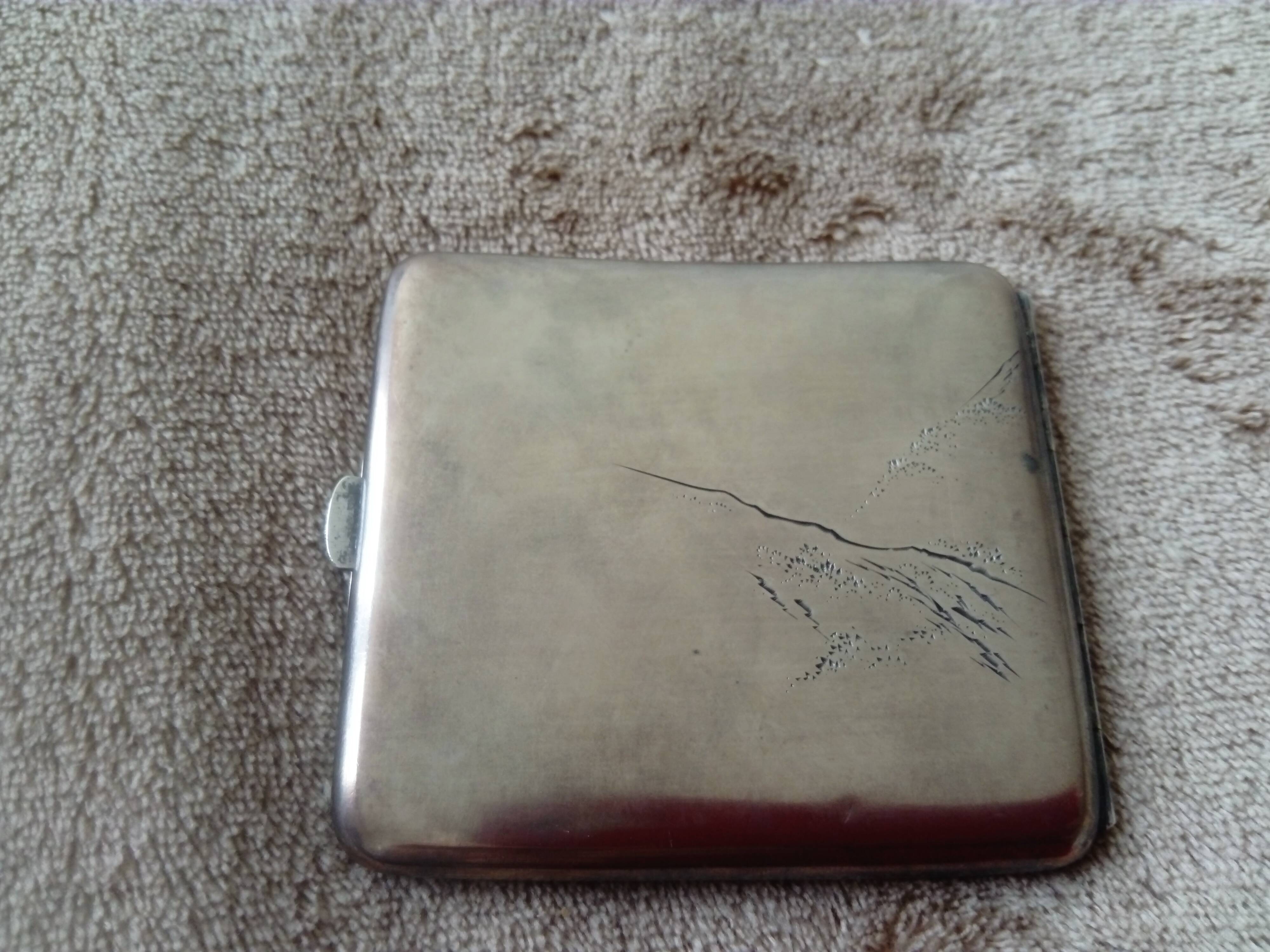 Old sterling silver cigarette case with Japanese decor