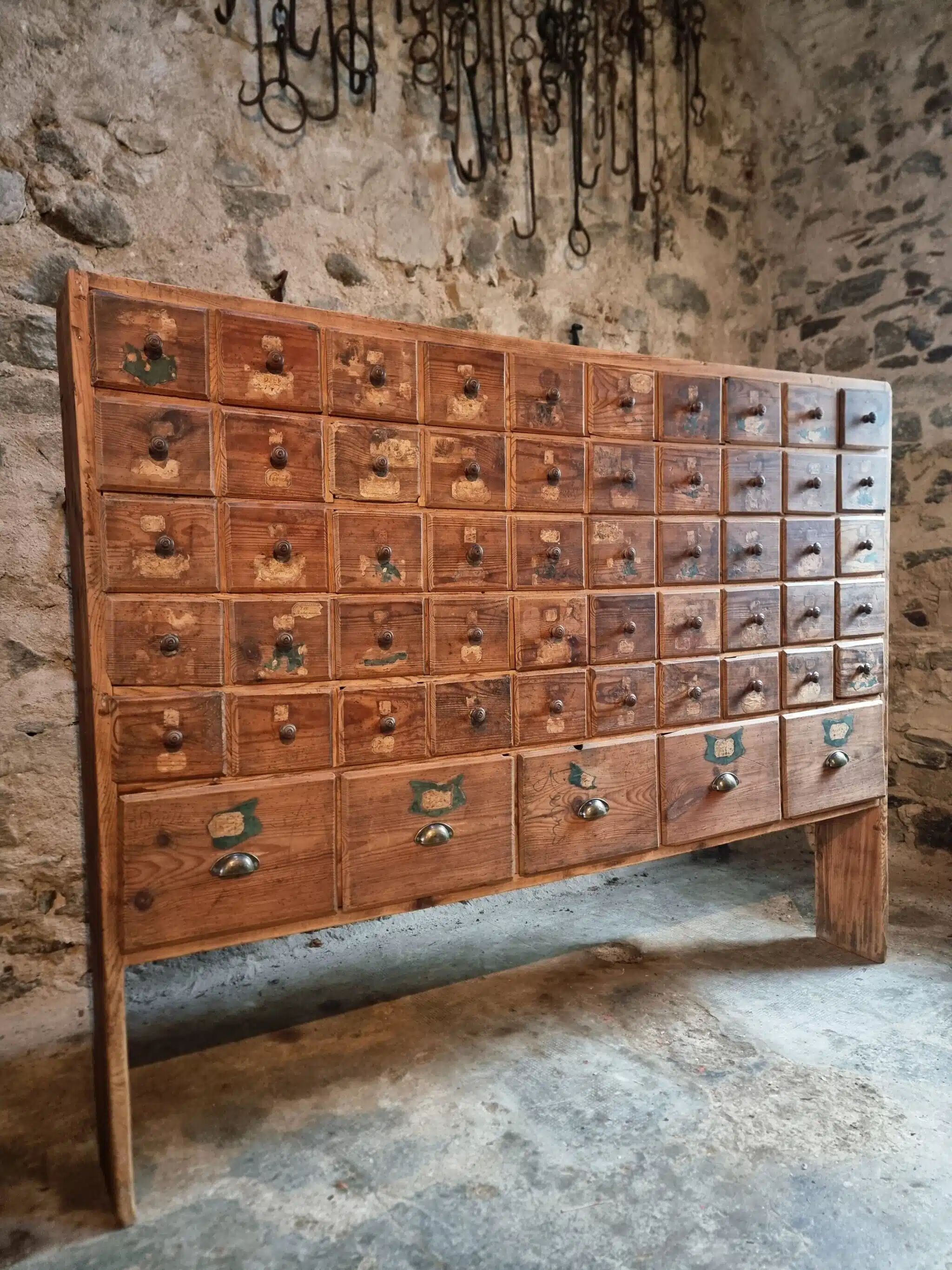Antique pine drawer cabinet with 50 drawers, apothecary or hardware, 19th century