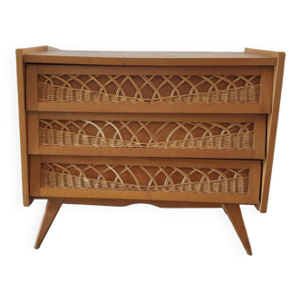 Vintage wood and rattan chest of drawers