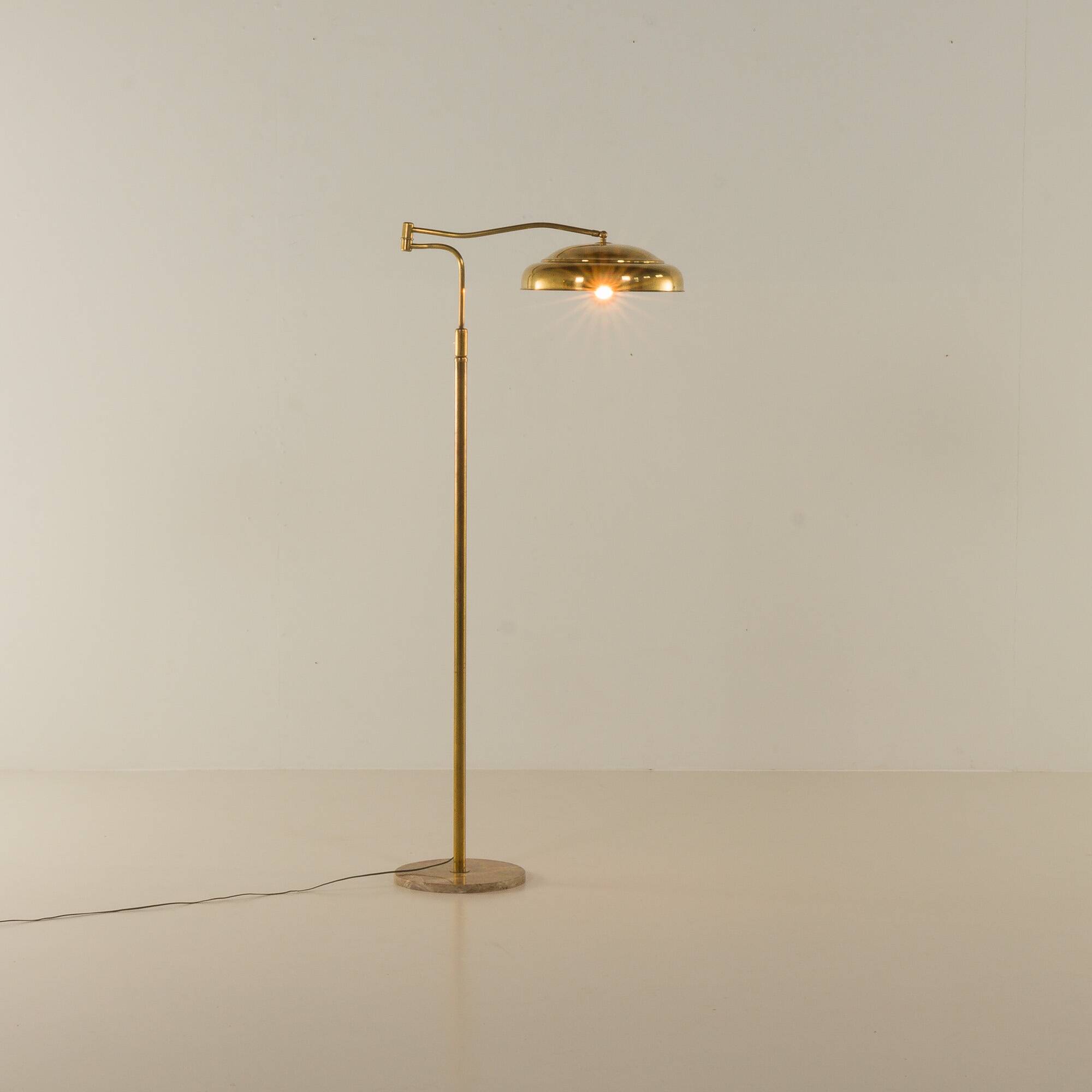 Italian swing arm brass floor lamp with marble base, 1970s