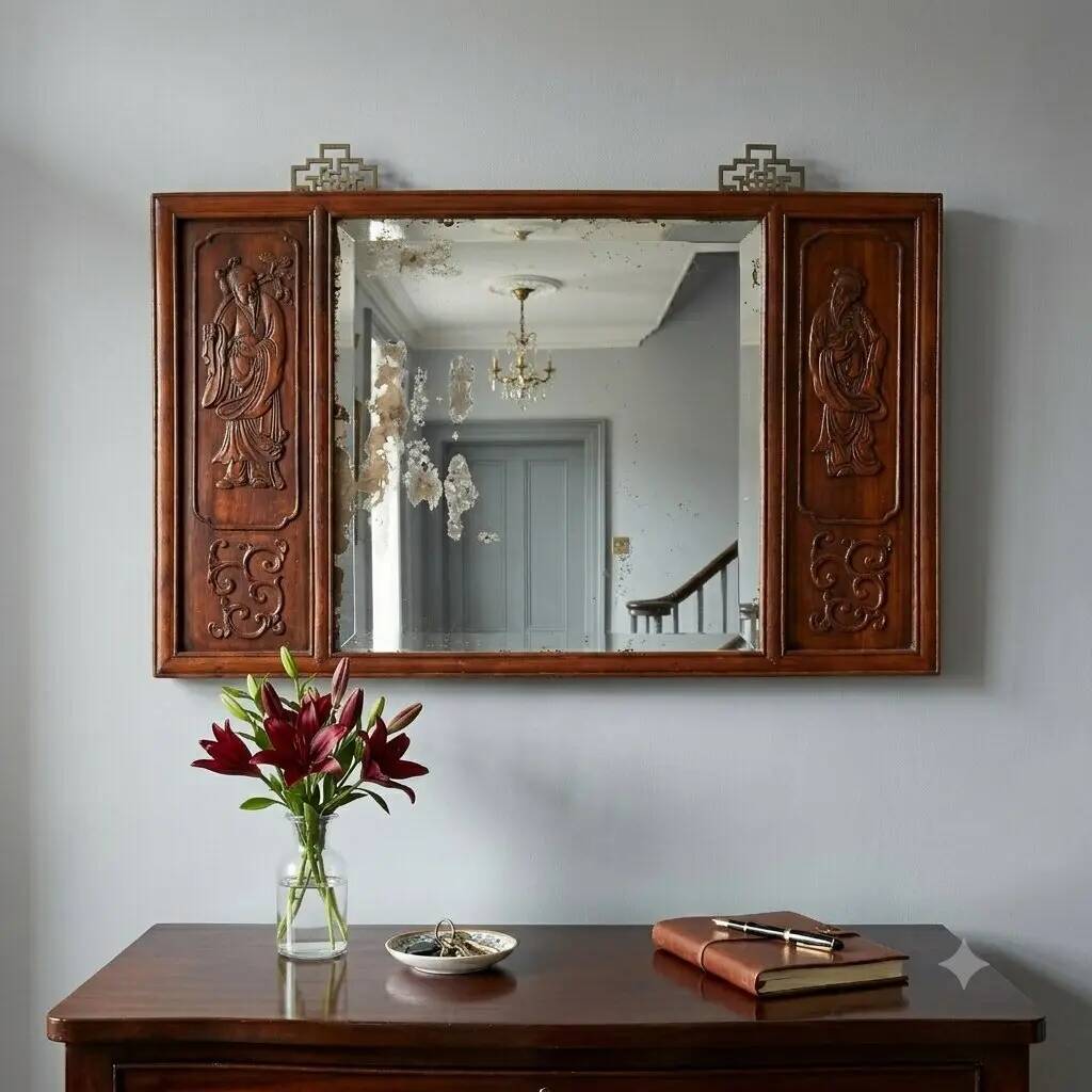 Antique mirror in exotic wood with chinoiserie carvings, 19th century.