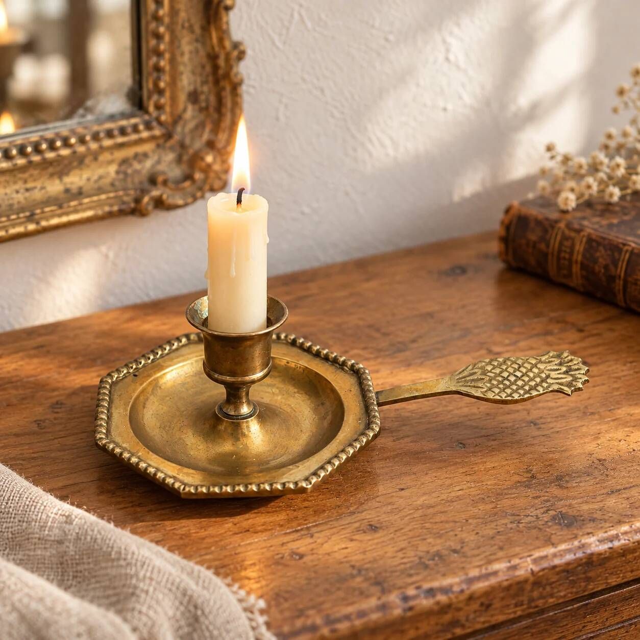 Vintage brass hand candle holder – Pineapple handle rat of the cellar